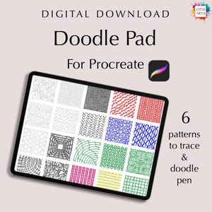 Könnte beinhalten: Ein digitaler Download für Procreate mit 6 Doodle-Mustern zum Nachzeichnen und Ausmalen. Die Muster werden auf einem Tablet-Bildschirm angezeigt und beinhalten geometrische Formen, Linien und Wirbel.