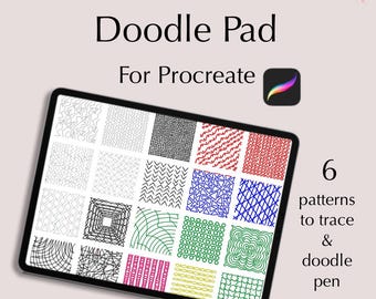 以下が含まれることがあります： Procreate 用のデジタルダウンロードで、トレースして色を塗ることができる 6 つの落書きパターンが収録されています。パターンはタブレットの画面に表示され、幾何学的な形、線、渦巻きが含まれています。