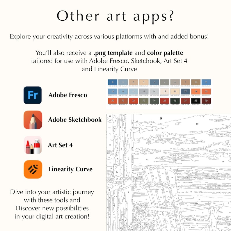 Puede incluir: Un tutorial de arte digital con una paleta de colores y una imagen de pintura por n&uacute;meros en blanco y negro. El tutorial incluye aplicaciones como Adobe Fresco, Adobe Sketchbook, Art Set 4 y Linearity Curve. El texto dice "&iquest;Otras aplicaciones de arte? &iexcl;Explora tu creatividad en varias plataformas con un bono adicional! Tambi&eacute;n recibir&aacute;s una plantilla .png y una paleta de colores adaptados para usar con Adobe Fresco, Sketchook, Art Set 4 y Linearity Curve. &iexcl;Sum&eacute;rgete en tu viaje art&iacute;stico con estas herramientas y descubre nuevas posibilidades en tu creaci&oacute;n art&iacute;stica digital!"