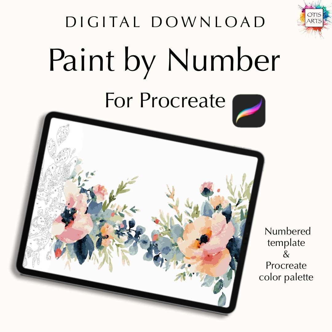 Kit Procreate Pintar por Números – Patrón Floral, Paletas de Colores, Plantillas y PNG Descarga Digital