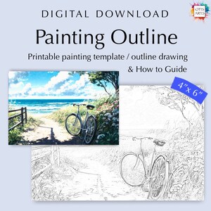 Bicycle on a Beach Watercolor Painting Kit – 4x6 Printable Outline Template – DIY Art, Instant Download