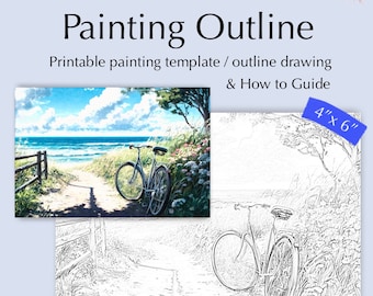 Könnte beinhalten: Digitaler Download einer Malvorlage. Das Bild zeigt ein Farbbild eines Fahrrads auf einem Weg zum Strand und eine Schwarz-Weiß-Umrisszeichnung derselben Szene. Der Text lautet "Painting Outline" und "4" x 6".