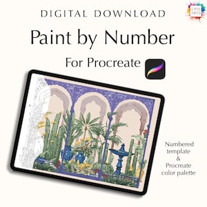 Könnte beinhalten: Digitaler Download für die Procreate-App, mit einer Malen-nach-Zahlen-Vorlage einer farbenfrohen Illustration eines Bogengangs mit Kakteen und Pflanzen. Die Vorlage enthält eine nummerierte Farbpalette.