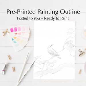Modello di Pittura Pre-Stampato | Acero Giapponese e Uccello | Template Arte Acquerello e Acrilico | Stampa su Carta Fine Art |