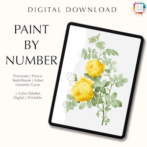 Paint by number kit digital, Procreate, Fresco, Sketchbook, Art Set, templates + color palettes, Yellow Rose by Pierre-Joseph Redouté