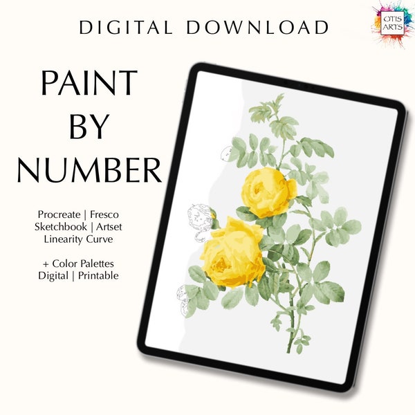 Paint by number kit digital, Procreate, Fresco, Sketchbook, Art Set, templates + color palettes, Yellow Rose by Pierre-Joseph Redouté