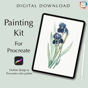 May include: Digital download for Procreate app. Painting kit featuring an outline design of a blue iris flower with green leaves. Includes a Procreate color palette.