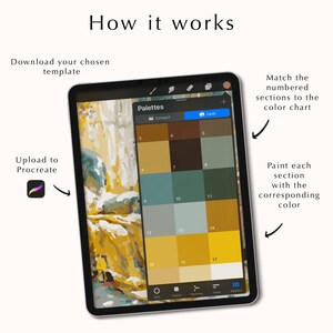 May include: A screenshot of a tablet showing a digital painting app with a color palette and a numbered image. The image is divided into sections, each with a corresponding color on the palette. The text "How it works" is at the top of the image.