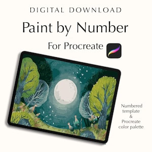 May include: A digital download image of a Paint by Number landscape scene on a tablet. The image features a full moon, trees, and the text "For Procreate". The Procreate app icon is in the upper right corner. Text on the right side says "Numbered template & Procreate color palette."