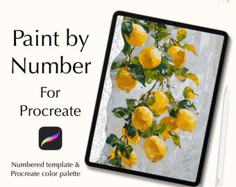 May include: Digital download of a paint by number template for Procreate featuring a lemon tree with yellow lemons and green leaves. The template is numbered and includes a Procreate color palette.
