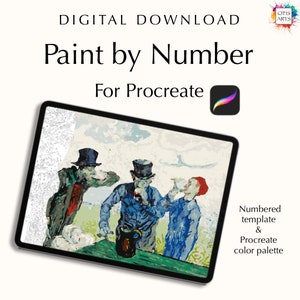 May include: Digital download of a paint by number template for Procreate featuring a painting of three men in hats drinking from mugs. The template includes a numbered image and a color palette.