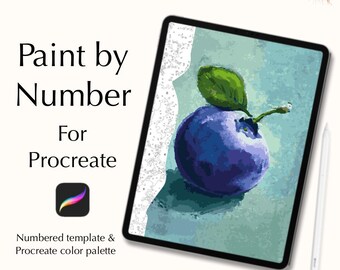 May include: Digital download of a paint by number template for Procreate featuring a blue blueberry with a green leaf on a light blue background.