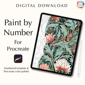 May include: Digital download of a paint by number image for Procreate. The image shows a floral design with pink flowers and green leaves. The image is displayed on a tablet screen with a stylus next to it.