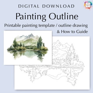 山の輪郭線画、着色または絵画用の PDF デジタルダウンロード