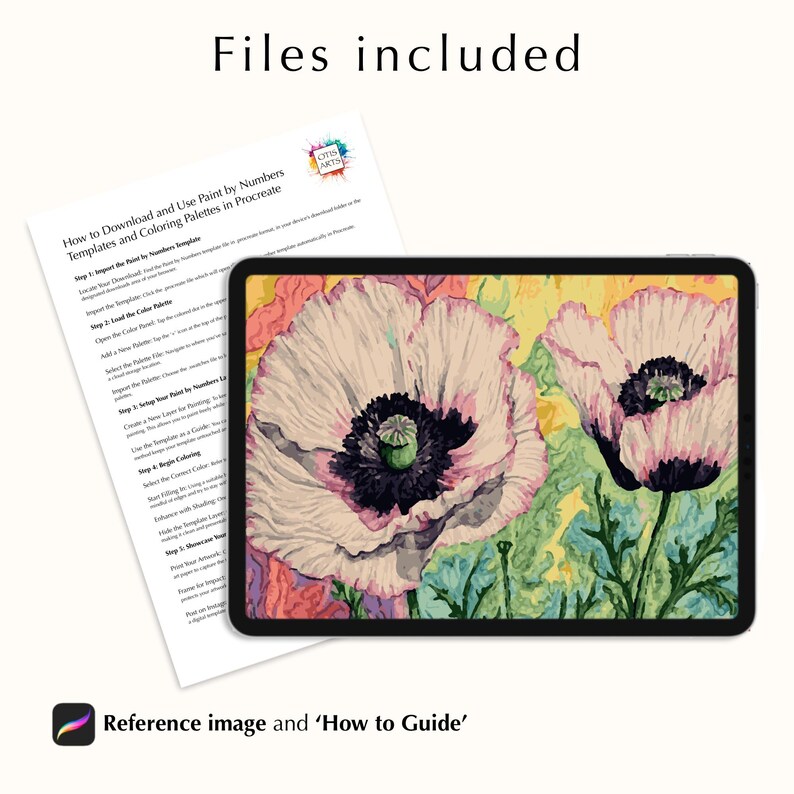 May include: A digital art print on a tablet featuring two white and purple poppy flowers with a black center. A printed 'How to Guide' and a reference image are included. The text 'Files included' is at the top.