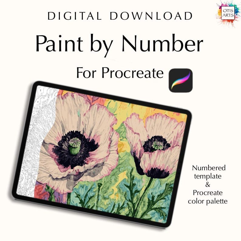 May include: Digital download of a paint-by-number template for Procreate. The image shows a tablet displaying a floral design with white and purple poppies. The text includes "Paint by Number" and "For Procreate."