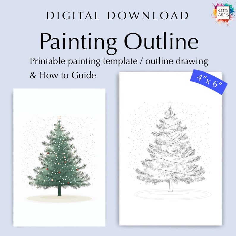 Christmas Tree Watercolor Painting Kit 4x6 Printable Outline Template