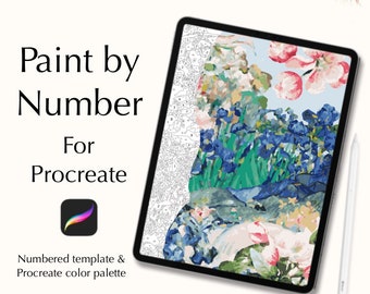 May include: Digital download of a paint by number template for Procreate featuring a colorful floral landscape with blue flowers, pink blossoms, and green foliage. The template includes a numbered image and a Procreate color palette.