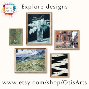 May include: Collection of framed art prints featuring floral, landscape, and abstract designs. The prints include a still life of white flowers, a landscape with a cloudy sky, and a cityscape. The text "Explore designs" and the Etsy shop URL are also visible.