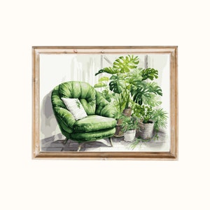 May include: A framed watercolor painting depicts a green armchair with a white pillow, set against a backdrop of lush green plants in pots. The artwork is enclosed in a light brown wooden frame.