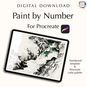 Paint by number kit digital, Procreate, Fresco, Sketchbook, Art Set, templates + color palettes, Waterfall by Kōno Bairei