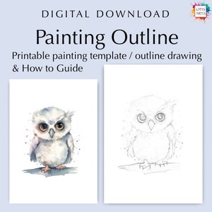 Overzichtstekening schattige uil, digitale pdf-download om in te kleuren of te schilderen