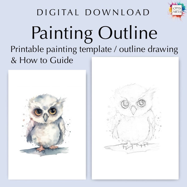Simpatico gufo dipinto contorno, modello di arte ad acquerello (download digitale)