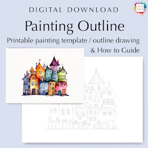 Overzichtstekening grillige huizen, digitale pdf-download om in te kleuren of te schilderen