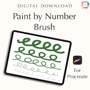 以下が含まれることがあります： Procreate 用の塗り絵ブラシのデジタルダウンロード。ブラシはタブレットの画面に表示され、ブラシで緑色の線が引かれています。Procreate アプリのアイコンは右下の隅にあります。