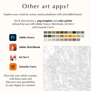 May include: A graphic showing four different art apps: Adobe Fresco, Adobe Sketchbook, Art Set 4, and Linearity Curve. The graphic also includes a color palette with 25 different colors.