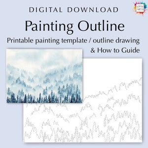 Blue forest outline drawing, PDF Digital Download for Coloring or Painting