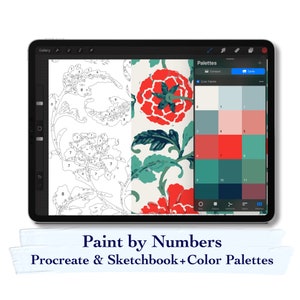 Malen nach Zahlen Set digital, Procreate Template und Sketchbook-Vorlage + Farbpaletten, chinesische Blume
