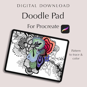 Peut inclure: Image de téléchargement numérique d'une tablette affichant un design de bloc-notes de griffonnage pour Procreate. L'écran montre un motif floral abstrait coloré avec des contours noirs et des teintes vives de rouge, vert, bleu et violet. Le texte indique "Doodle Pad".