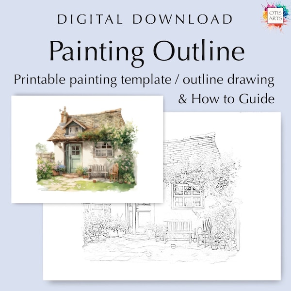 Disegno di contorno di un cottage accogliente, PDF digitale da scaricare per colorare o dipingere