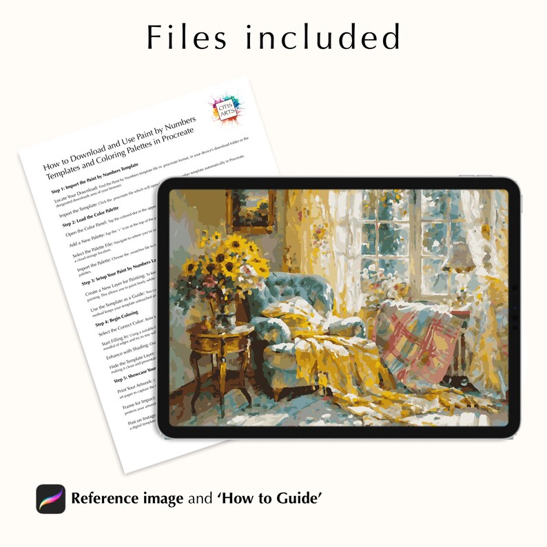 May include: A digital painting tutorial for a cozy living room scene with a comfy armchair, a vase of sunflowers, and a window with a view. The tutorial includes a reference image and a 'How to Guide' document.