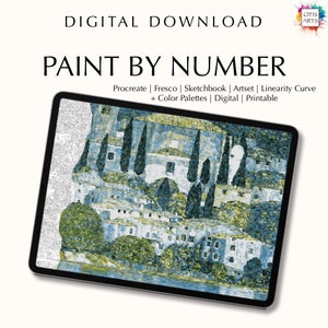 Kit de pintura por números digital, Procreate, Fresco, Sketchbook, Art Set, plantillas + paletas de colores, color por números, Klimts Kirche en Cassone