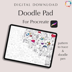 May include: A digital download for Procreate featuring a doodle pad with a heart-shaped pattern of various doodles, including hearts, birds, flowers, and the word "LOVE".