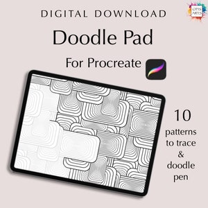 May include: A digital download for Procreate featuring 10 doodle patterns to trace and colour. The patterns are black and white and feature a geometric design of overlapping squares.