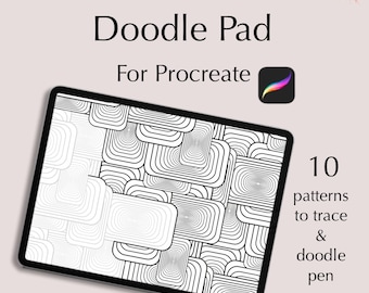 以下が含まれることがあります： Procreate 用のデジタルダウンロードで、トレースして色を塗ることができる 10 個の落書きパターンが収録されています。パターンは白黒で、重なり合った正方形の幾何学模様が特徴です。