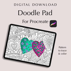 May include: Digital download of a Doodle Pad for Procreate. The image shows a tablet displaying a black and white heart pattern with two colored hearts. One heart is green with purple flowers, and the other is pink with blue dots.