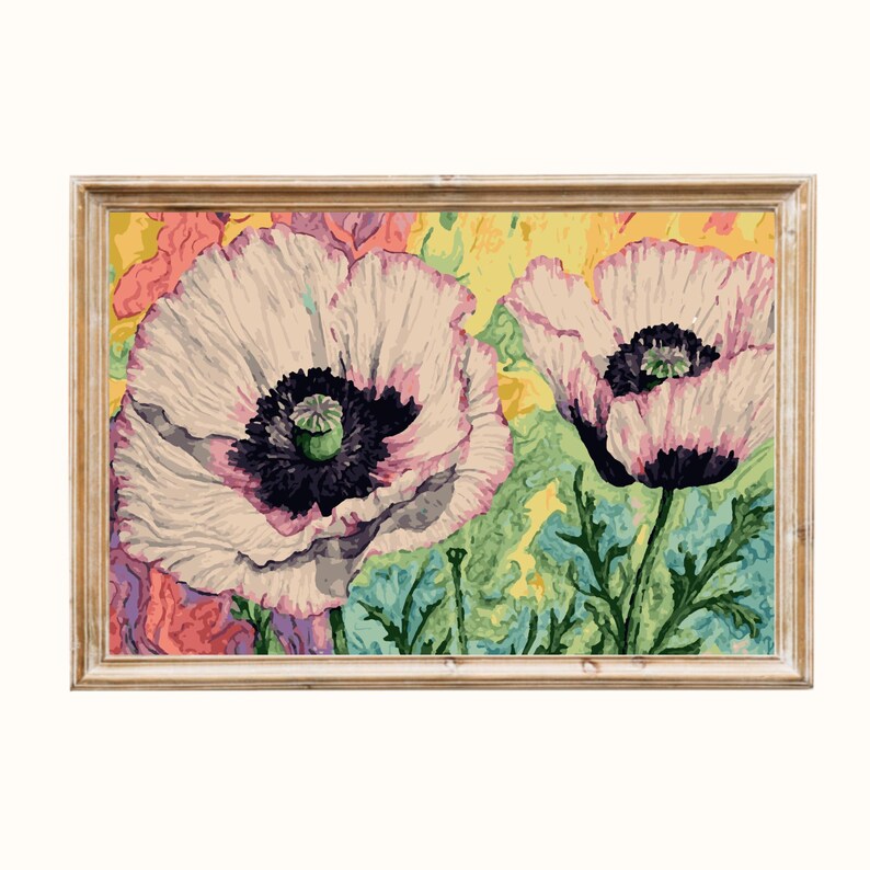 May include: A framed floral painting featuring two large white poppies with pink edges and dark centers. The background has a mix of yellow, green, and pink hues. The artwork is enclosed in a light brown wooden frame, creating a vintage aesthetic.