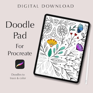 Op de afbeelding: Digitale download van een tablet met een bloemen doodle pad ontwerp voor Procreate. De tablet toont een zwart-wit bloemenpatroon met kleuraccenten in geel, blauw en paars. De tekst "Doodle Pad For Procreate" is zichtbaar.