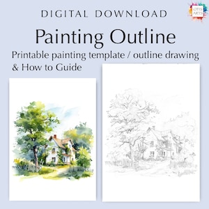 gezellig huisje, omtrektekening, digitale pdf-download om in te kleuren of te schilderen