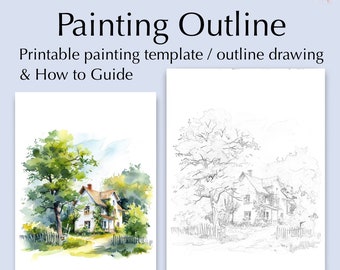 cosy cottage, outline drawing, PDF Digital Download for Coloring or Painting
