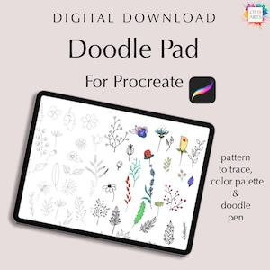 May include: A digital download for Procreate featuring a doodle pad with a variety of floral and leaf patterns. The image shows a tablet screen displaying the doodle pad, which includes a pattern to trace, a colour palette, and a doodle pen.