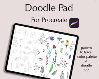 May include: A digital download for Procreate featuring a doodle pad with a variety of floral and leaf patterns. The image shows a tablet screen displaying the doodle pad, which includes a pattern to trace, a color palette, and a doodle pen.