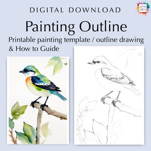 Vogel op tak, omtrektekening, digitale pdf-download om in te kleuren of te schilderen