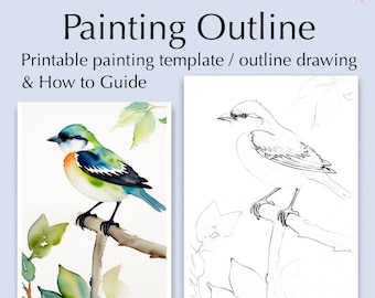 Pájaro en una rama, dibujo de contorno, descarga digital en PDF para colorear o pintar