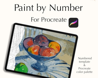 May include: Digital download of a paint by number image for Procreate. The image shows a bowl of fruit on a table. The fruit includes apples and plums. The image is in color and is ready to be painted.