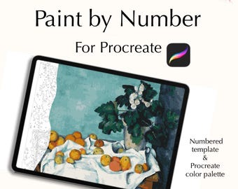 May include: Digital download for Procreate app, featuring a paint by number template of a still life with fruit, flowers, and a vase on a white tablecloth. The image includes a numbered template and a Procreate color palette.